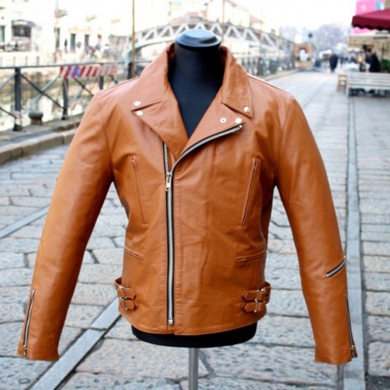 Giubbotto Chiodo Pelle Marrone Tabacco biker ingle
