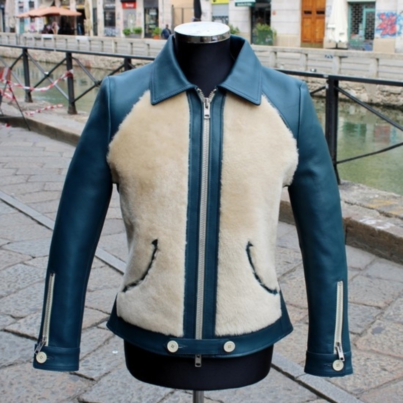 Shearling leather jacket blu navy size M L slim