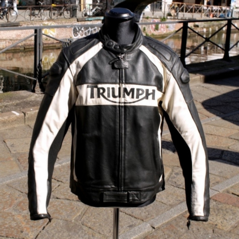 Giubbotto Pelle Moto Vintage Triumph Bianco Nero