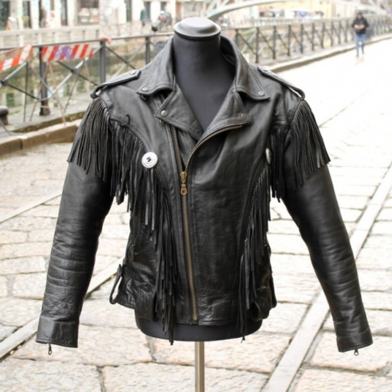 Giacca Chiodo Pelle Frange Uomo Donna Unisex 