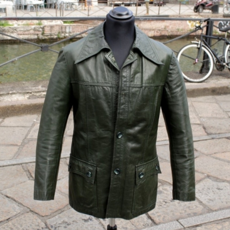 Giacca Pelle Verde Vintage Anni 70 Taglia M