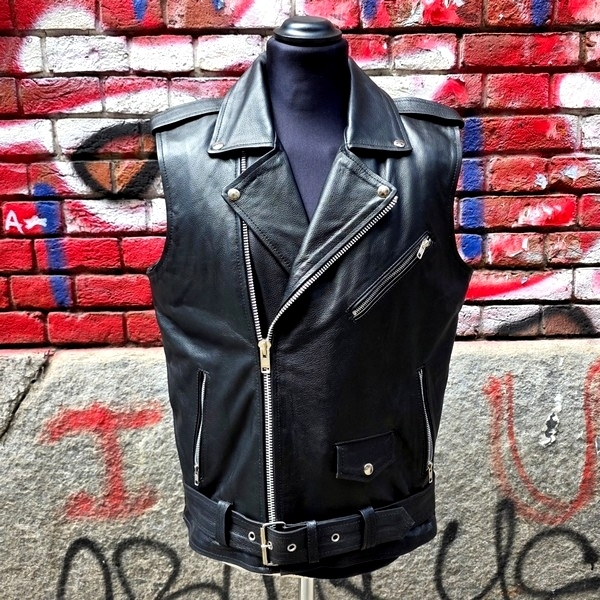 Gilet pelle chiodo moto smanicato biker Guendj Mil