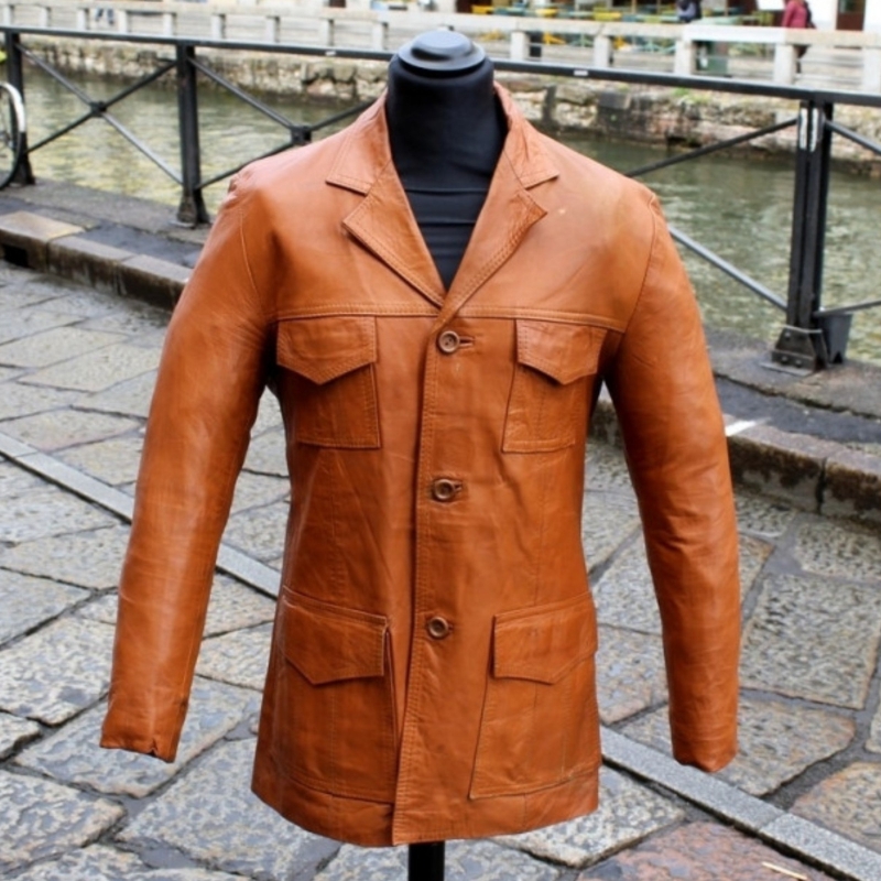 Giacca Pelle Anni 70 Tabacco Vintage Taglia M Eng