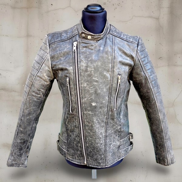 Giubbotto pelle grigio moto biker caferacer Guendj