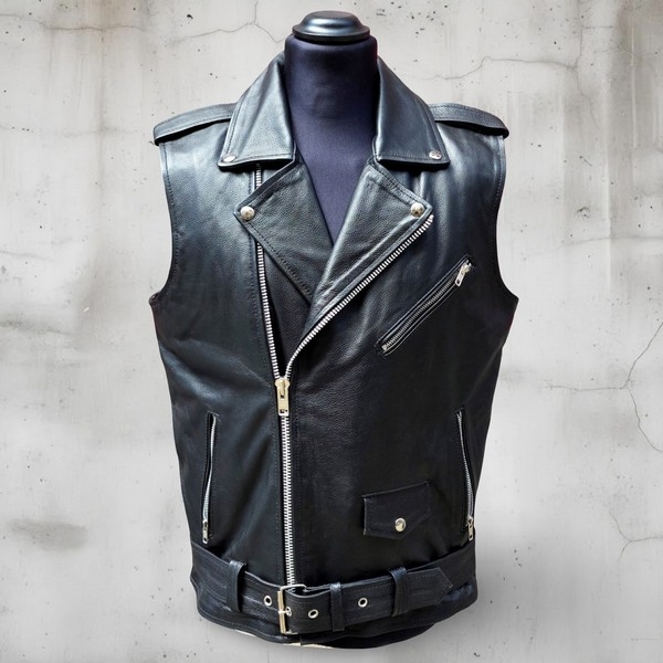 Gilet pelle chiodo moto smanicato biker Guendj Mil