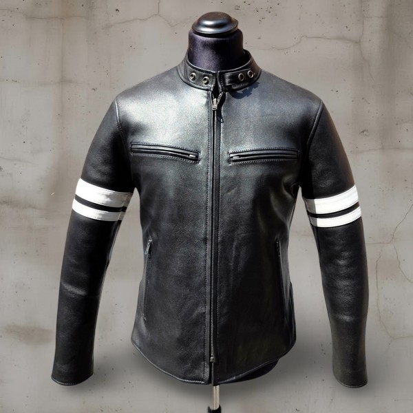 Giubbotto pelle moto biker caferacer nero bianco G