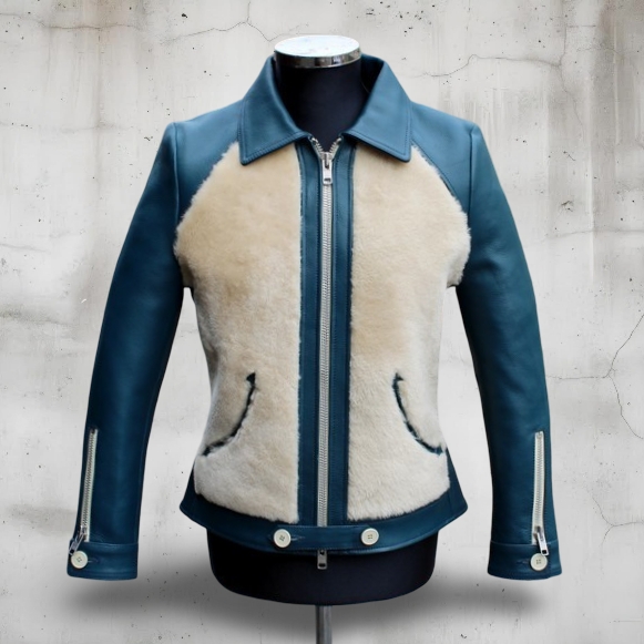 Giacca pelle blu navy rifiniture in montone Guendj