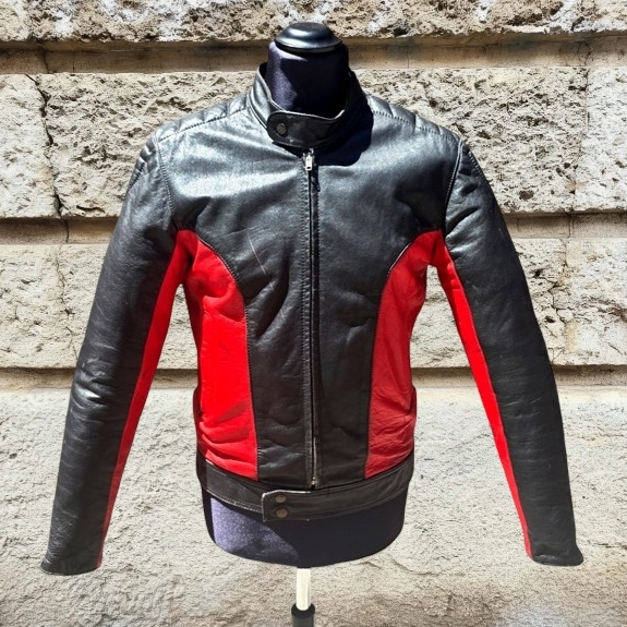 Giubbotto Pelle Moto Biker Vintage Rosso Nero 