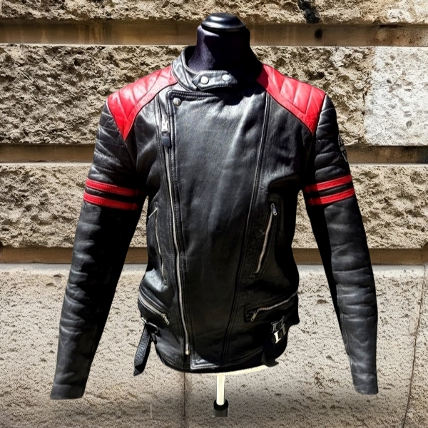 Giubbotto Pelle Moto Biker Vintage Harley Rosso Ne