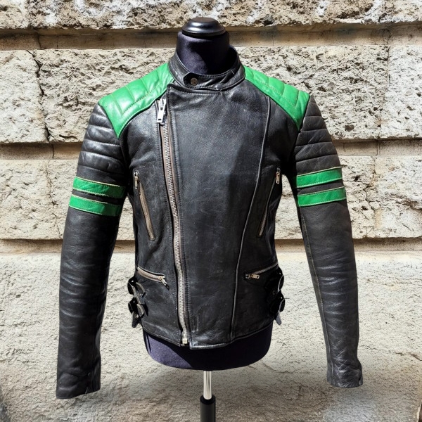 Giubbotto Pelle Moto Biker Vintage Nero Verde 