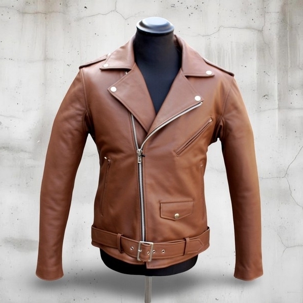Brown leather jacket moto biker Guendj