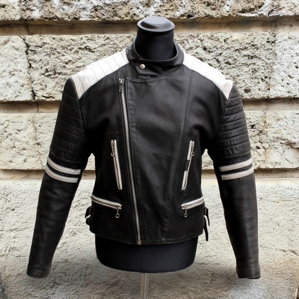 Giubbotto Pelle Moto Biker Vintage Bianco Nero 