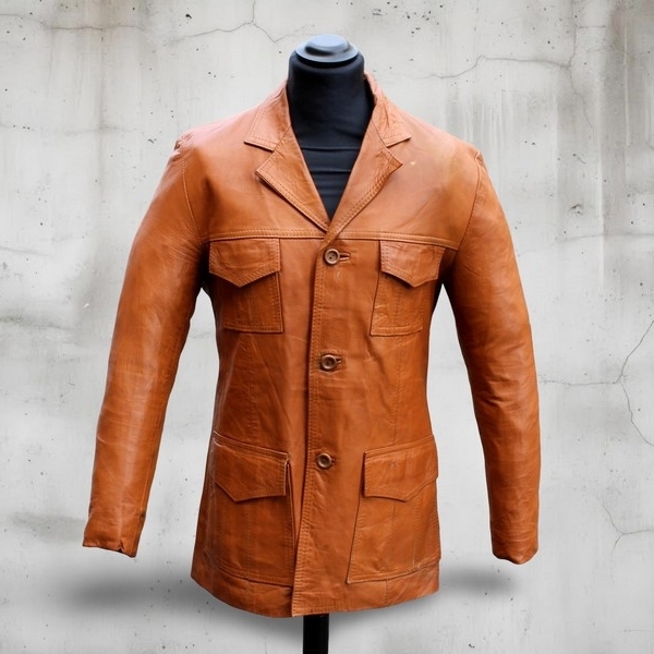 Giacca Pelle Anni 70 Tabacco Vintage Taglia M