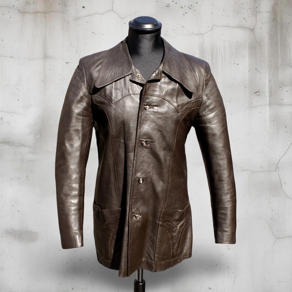 Giacca Pelle Marrone Vintage Modello Camicia Tagli