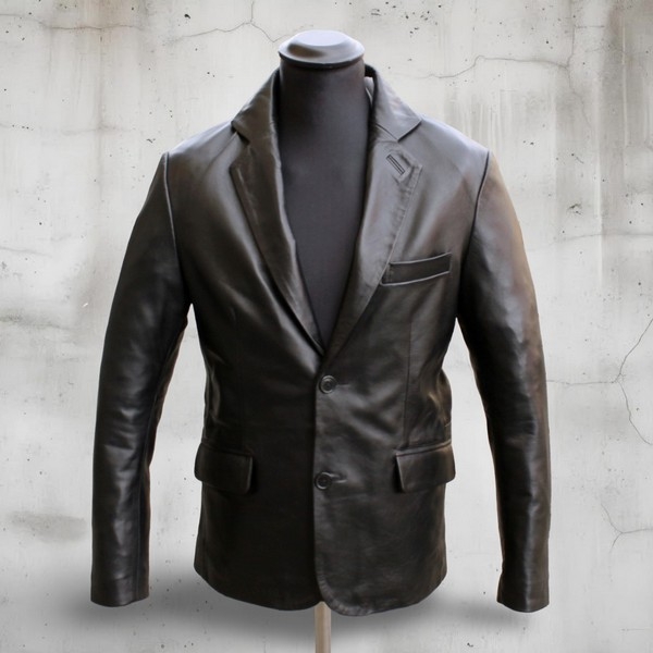 Giacca Pelle Nera Blazer Guendj Modello Anni 70 