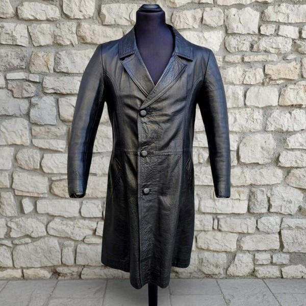 Trench Pelle Nero Vintage Anni 70 Taglia XS 44 En