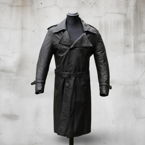 Trench Pelle Nero Vintage Anni 70 Doppiopetto Uom