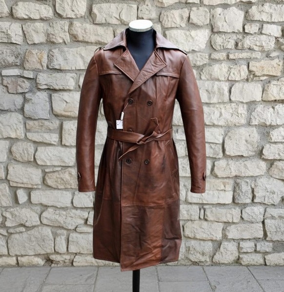 Trench pelle marrone doppiopetto nuovo Guendj 