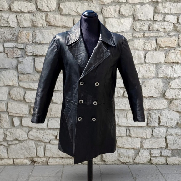Trench Pelle Nero Vintage Anni 70 Doppiopetto 