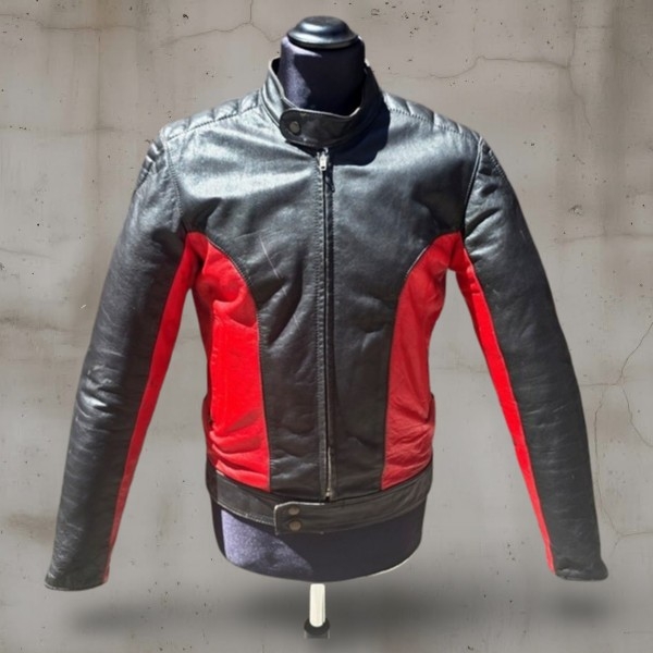 Giubbotto Pelle Moto Biker Vintage Rosso Nero Tagl