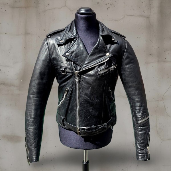Giubbotto chiodo pelle moto biker anni 90 zip su b