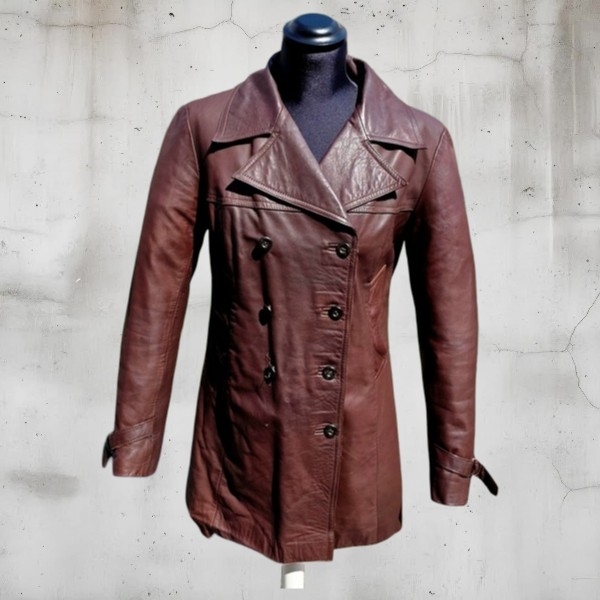 Trench pelle corto marrone donna vintage taglia M 