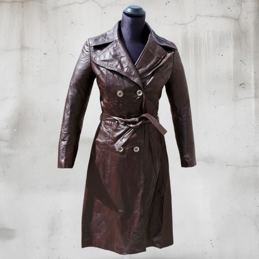 Trench Pelle Marrone Vintage Doppiopetto Donna tag