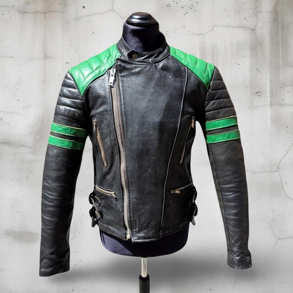 Giubbotto Pelle Moto Biker Vintage Nero Verde 