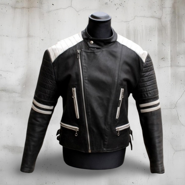 Giubbotto Pelle Moto Biker Vintage Bianco Nero 