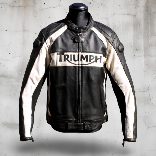 Giubbotto Pelle Moto Vintage Triumph Bianco Nero