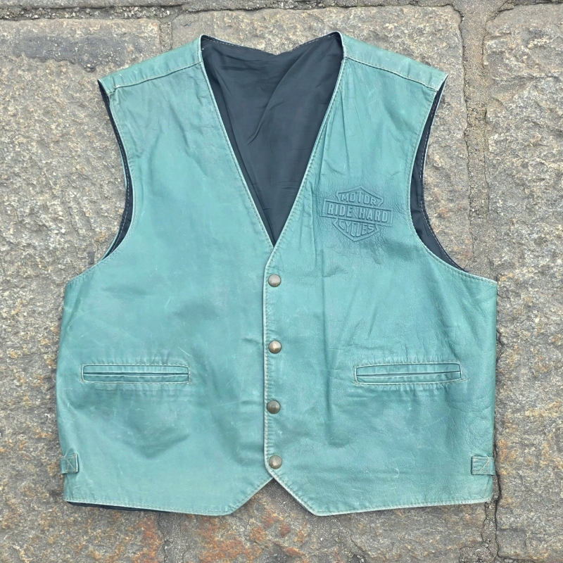 Gilet Biker Vintage in Vera Pelle Verde Petrolio T