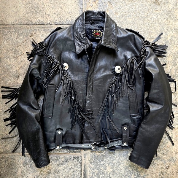 Giubbotto pelle chiodo biker con frange vintage or