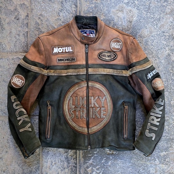 Giubbotto Pelle Moto Racing Patch Lucky Strike Eng
